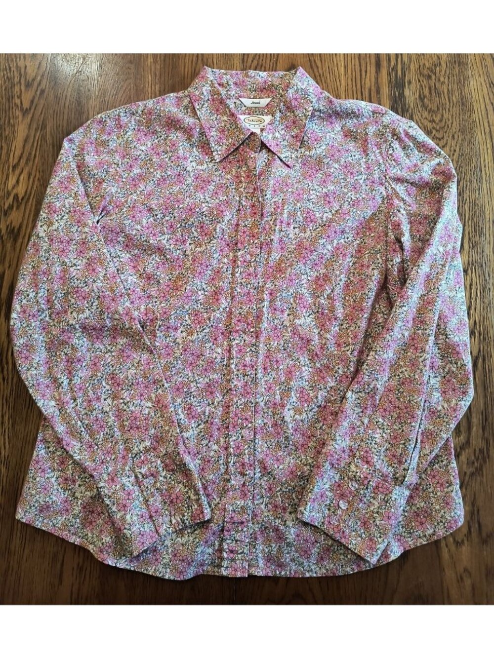 Talbots Petites Floral Button-Up Shirt L Pink Yellow Stretch Cotton Long Sleeve